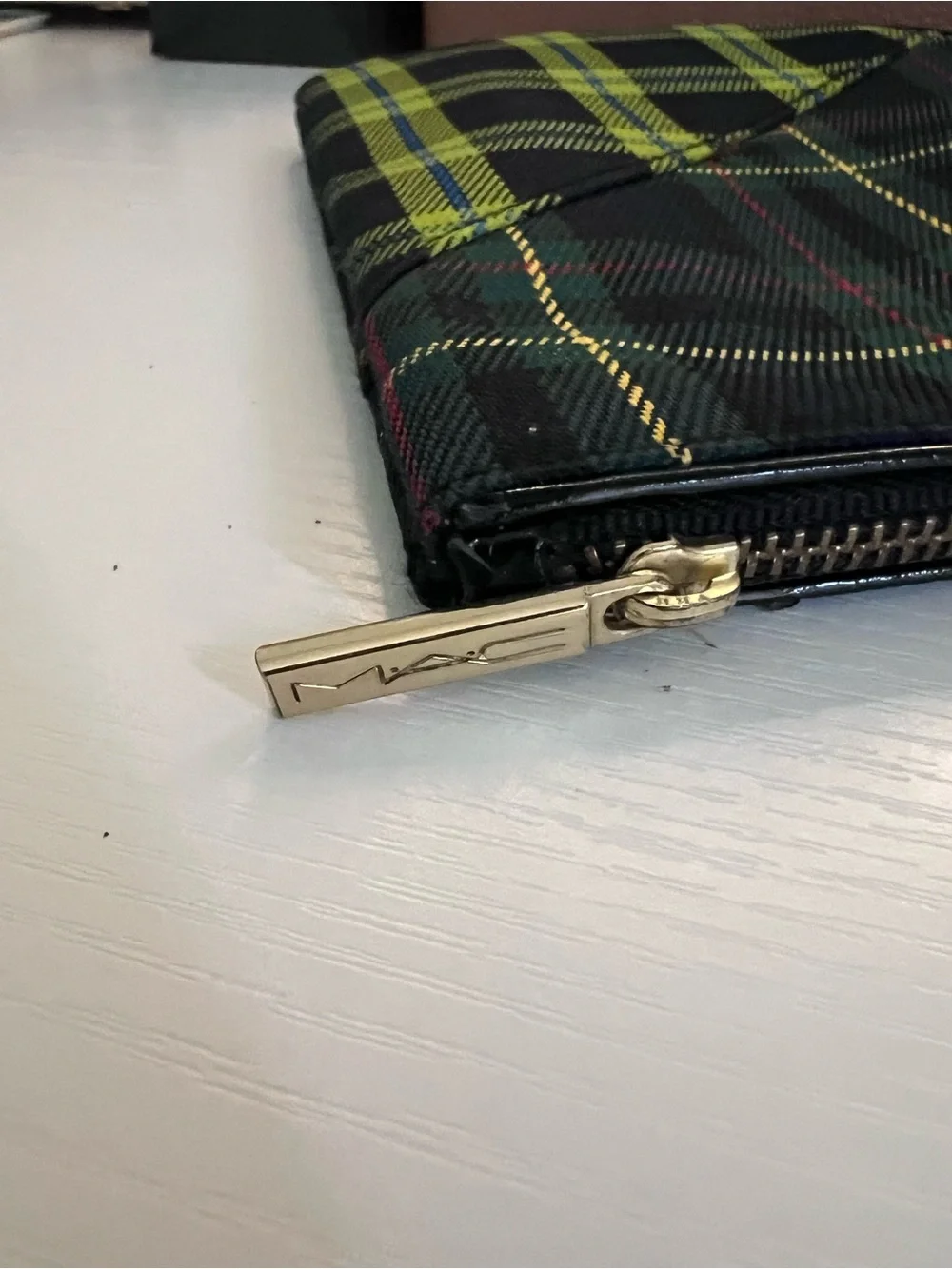 MAC Cosmetics Plaid Zip Pouch with Gold Crest and Stud Accents